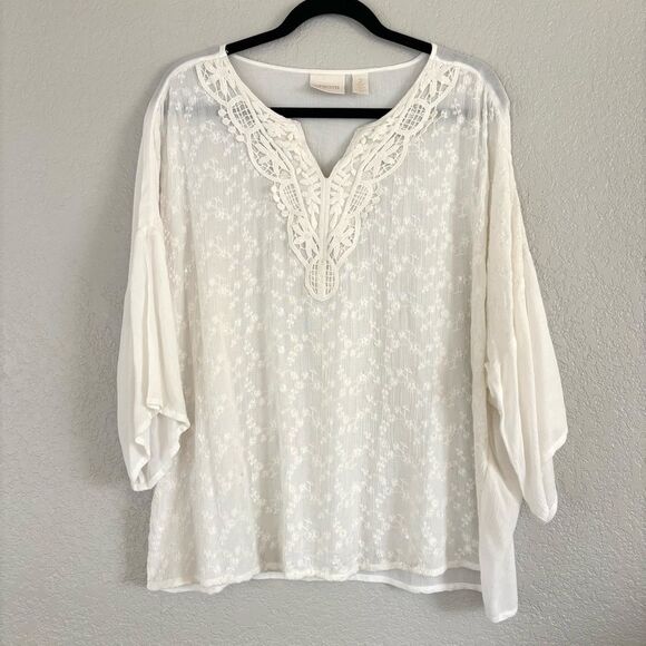 Chicos Shiloh Summer Embroidered Sequin 3/4 Sleeve Relaxed Fit Blouse Size 2 - Picture 2 of 11